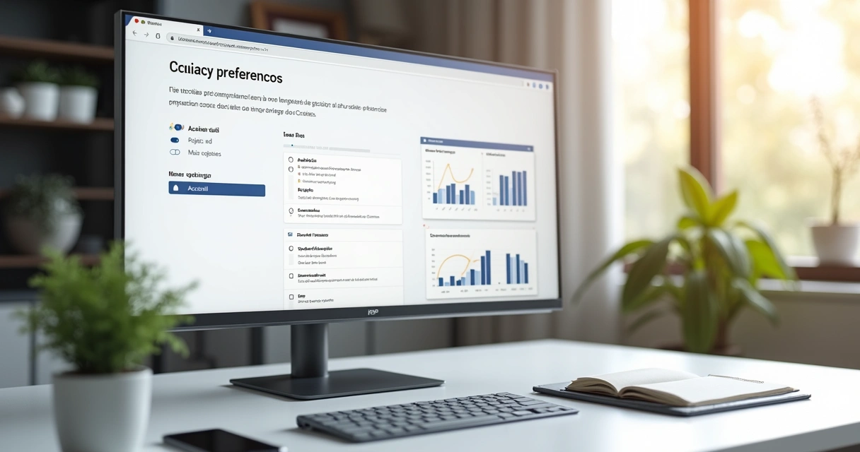 Tela de computador com painel de configurações de cookies e privacidade