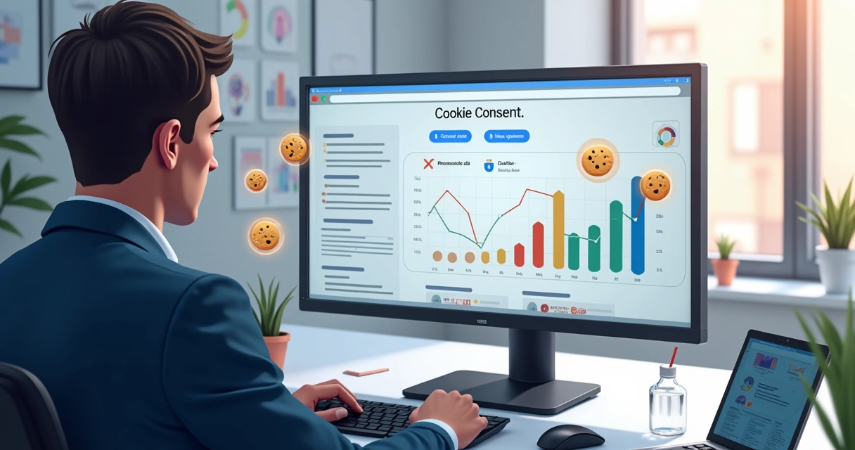 Ilustração de usuário em frente a tela do computador com painel do Google mostrando personalização de anúncios por cookies e dados