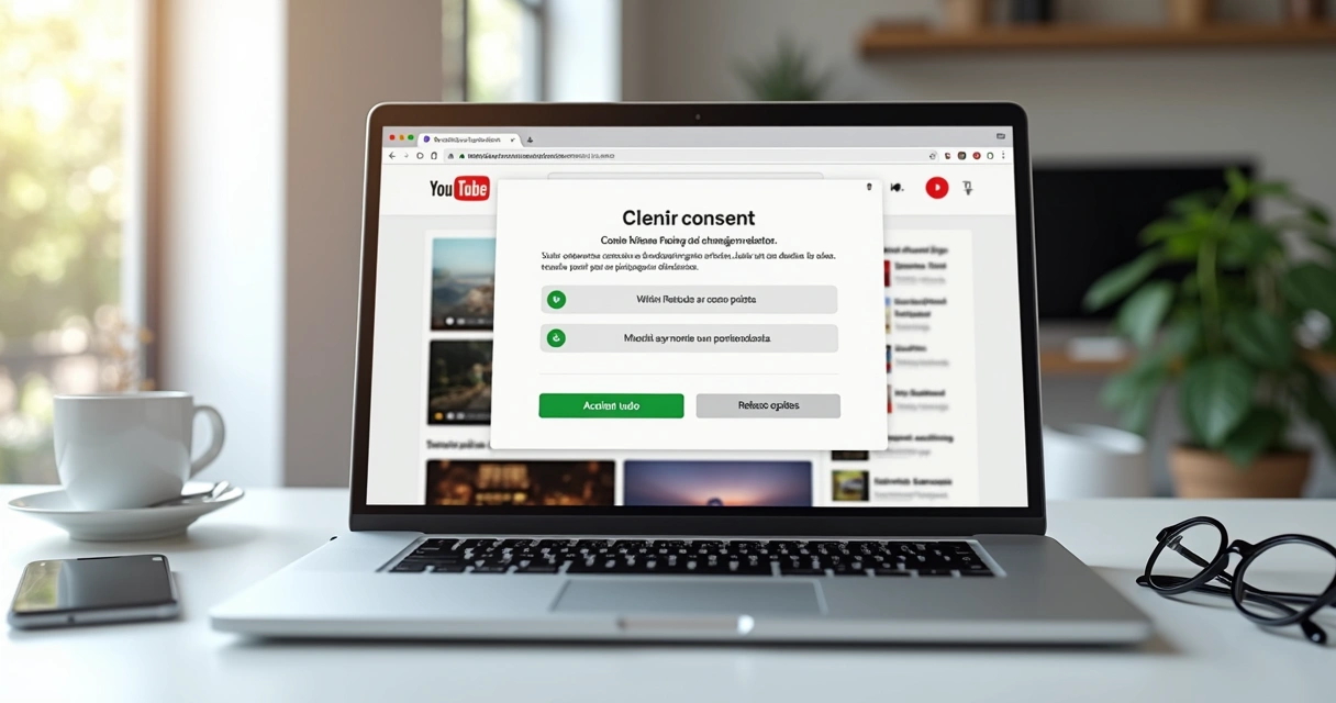 Tela de consentimento de cookies do YouTube destacando botões de aceitar, rejeitar e gerenciar opções de privacidade