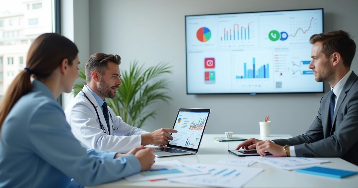Médico em consultório analisando estratégia de marketing digital em notebook com equipe de apoio