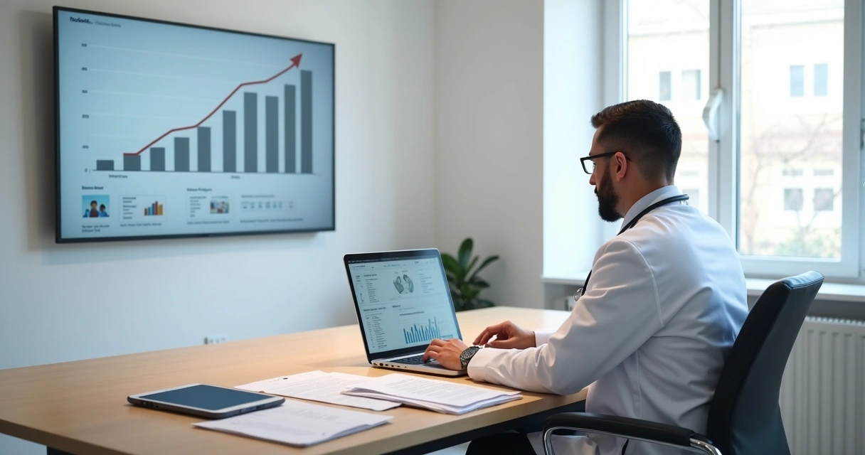 Médico em consultório analisando estratégias de marketing digital no notebook