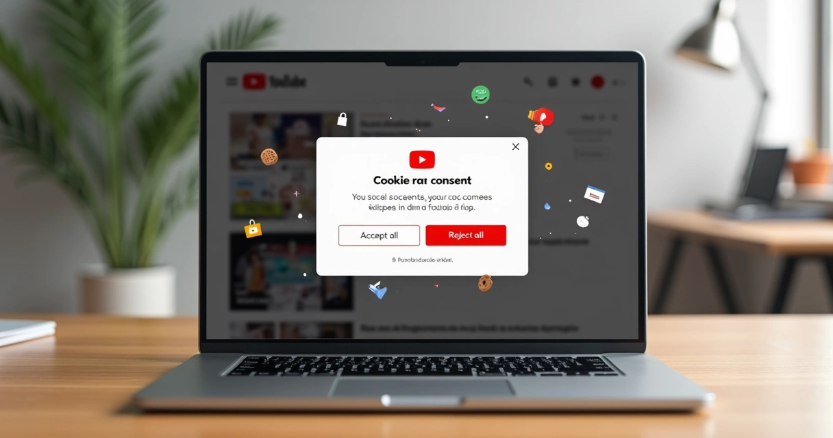 Tela de notebook com YouTube aberto e aviso de cookies destacado