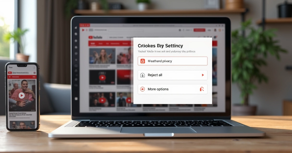 Tela de notebook exibindo configurações de cookies e privacidade no YouTube