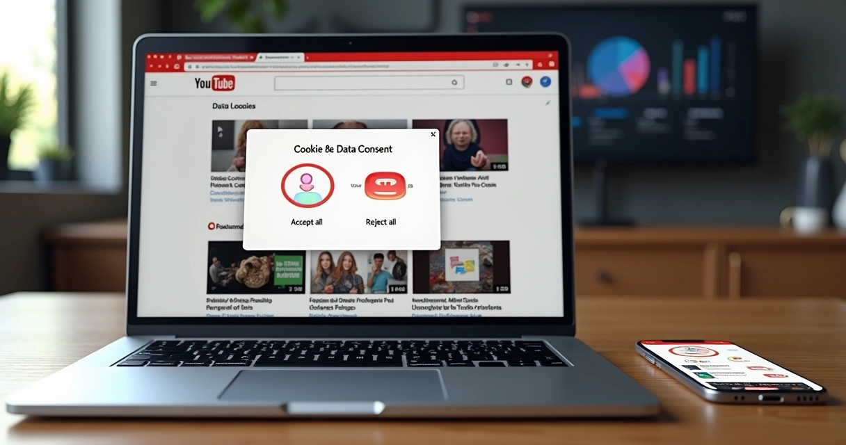 Tela do YouTube em laptop mostrando escolha de cookies e anúncios personalizados