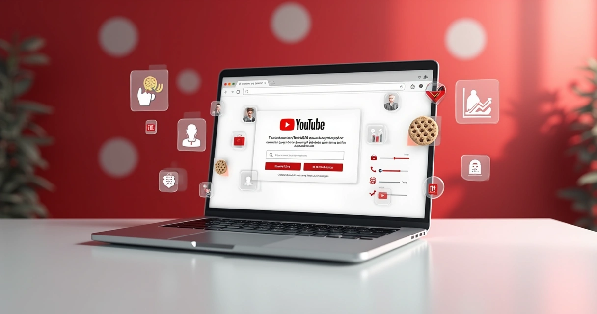 Tela do YouTube com avisos de cookies e dados ao lado de ícones de anúncios