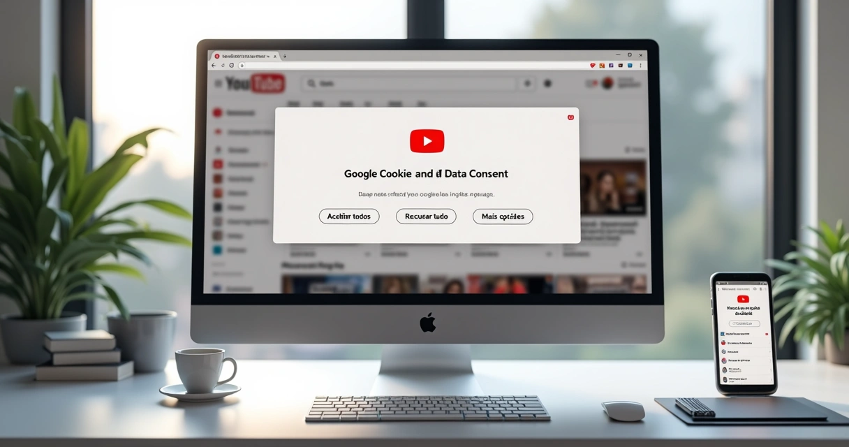 Tela de computador exibindo YouTube com aviso de cookies e opções de privacidade