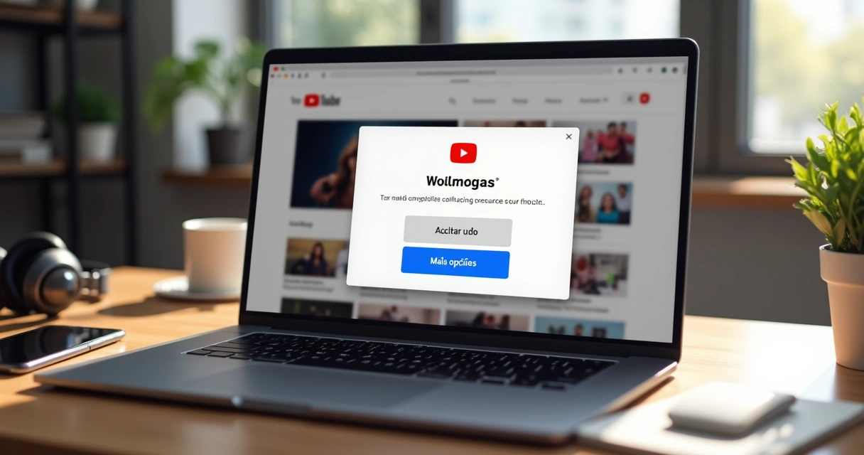 Tela de notebook exibindo o YouTube com painel de escolha de cookies e dados