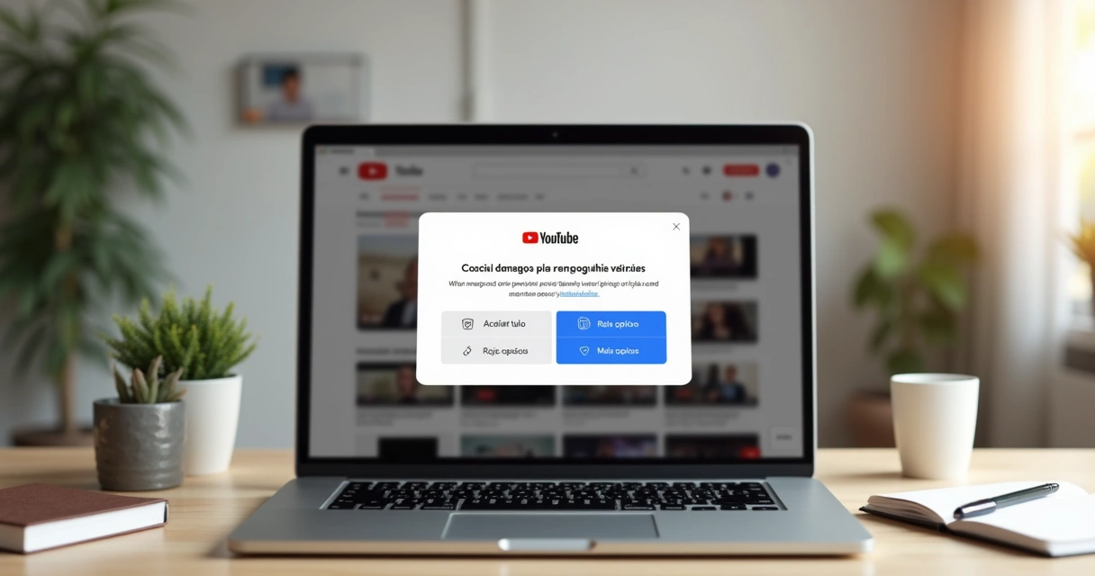 Tela inicial do YouTube exibindo aviso de cookies e opções de privacidade no computador