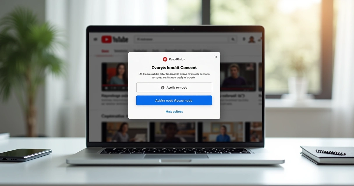 Tela do YouTube com aviso de cookies destacando opções de aceitar ou recusar