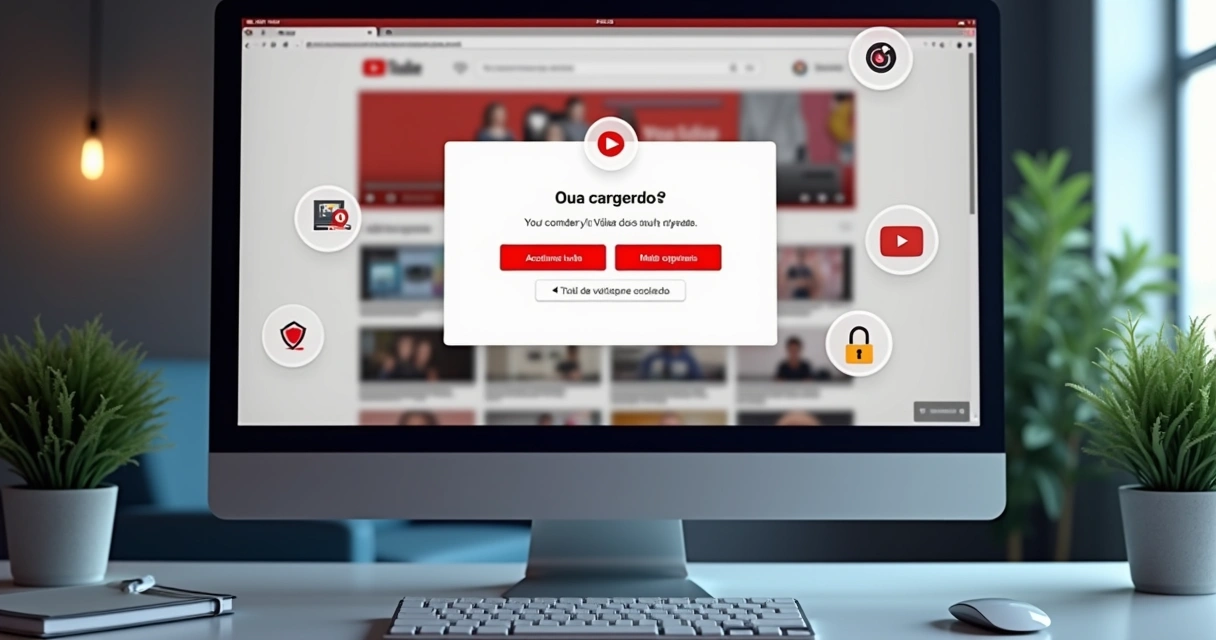 Tela do YouTube com aviso de cookies destacando opções de aceitar ou rejeitar dados e anúncios personalizados
