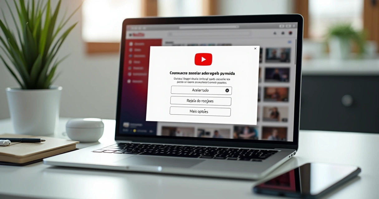 Tela de notebook exibindo o YouTube com pop-up de cookies e opções de privacidade