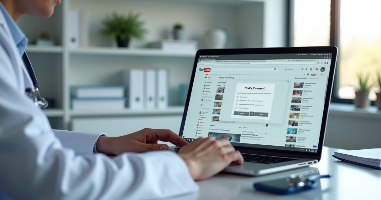 Médico usando laptop configurando privacidade de cookies e anúncios no YouTube