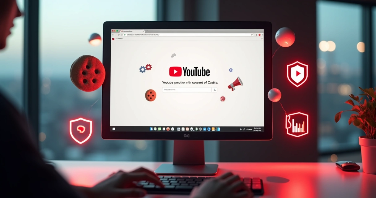 Tela de computador com YouTube aberto ao lado de ícones de cookies e anúncios