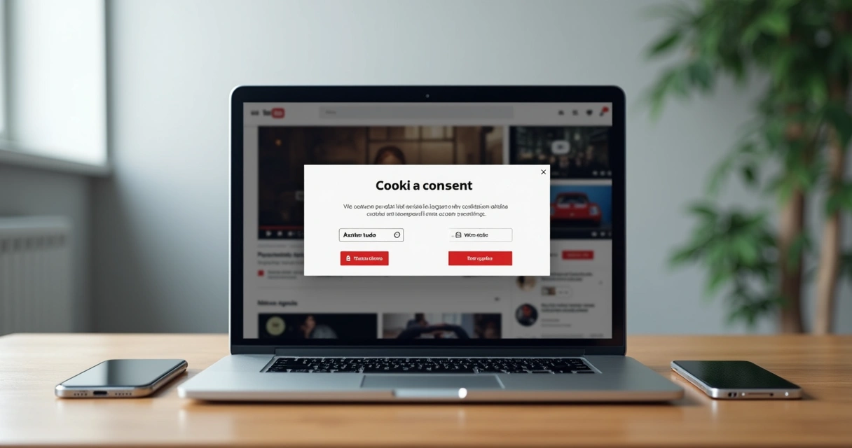 Tela de notebook com YouTube aberto e janela de consentimento de cookies em destaque