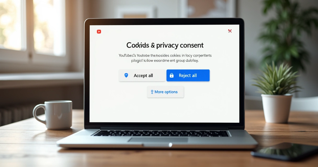 Tela de consentimento do YouTube sobre cookies e privacidade em um notebook sobre mesa de trabalho