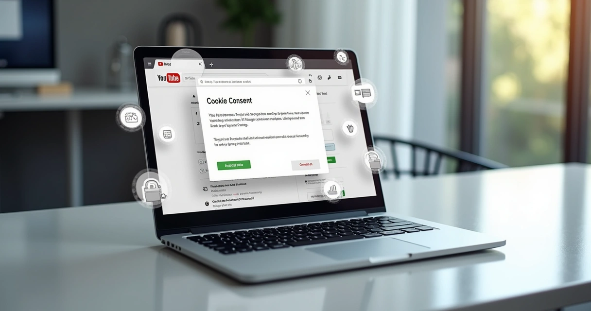 Tela de YouTube em notebook com ícones de cookies, cadeado e anúncios ao redor