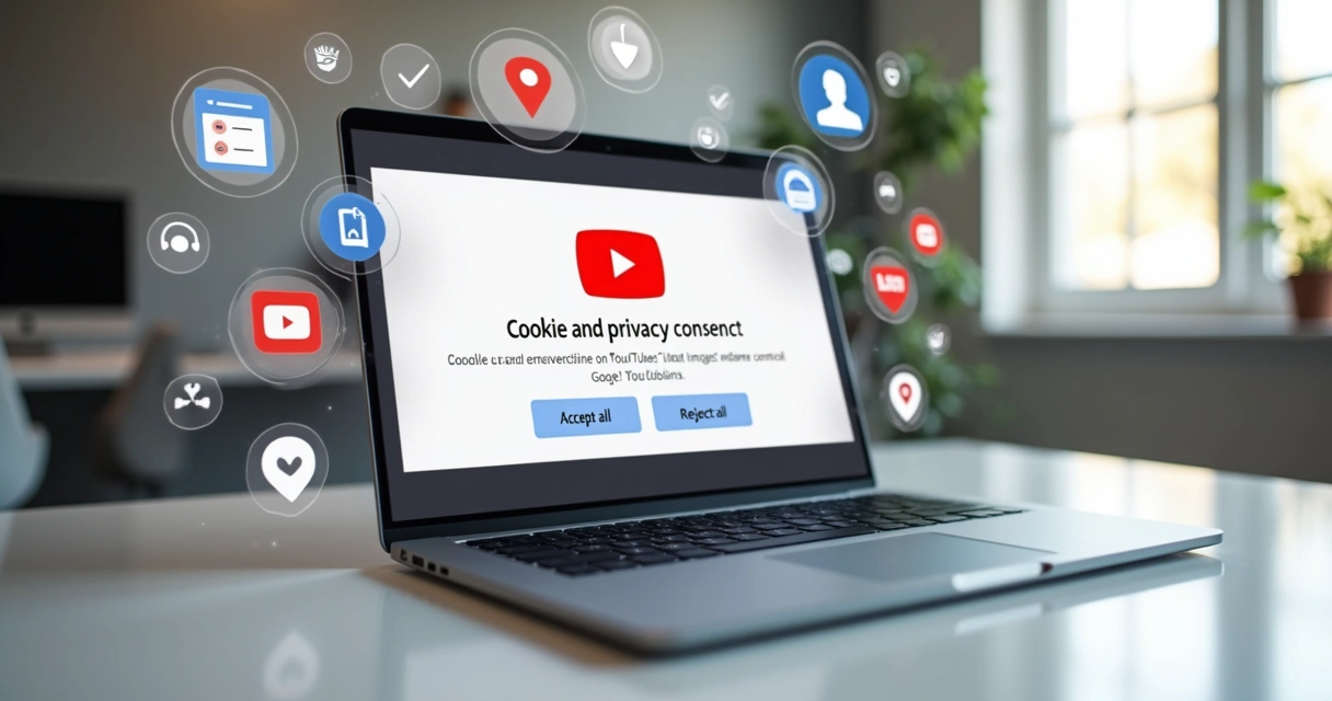 Tela de aviso de cookies do YouTube em laptop com ícones de privacidade e dados ao redor