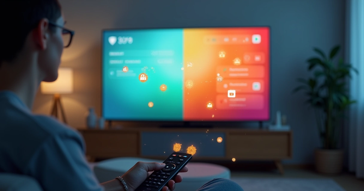 Pessoa segurando controle remoto com símbolos de privacidade e cookies flutuando ao redor de uma grande tela colorida