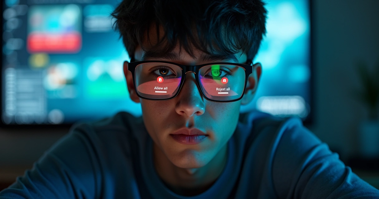 Rosto em close iluminado por tela dividida entre aceitar e recusar dados