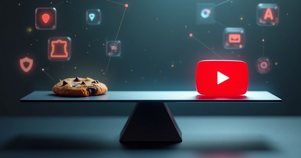 Balança de privacidade equilibrando cookie e ícone do YouTube em ambiente digital
