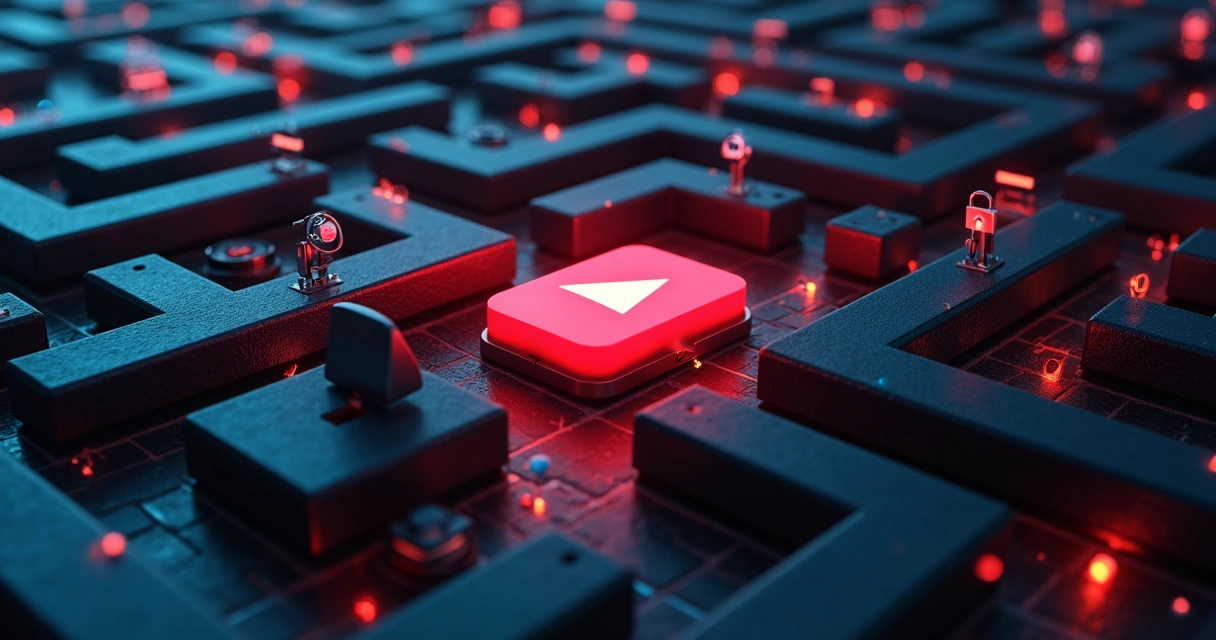Labirinto digital com símbolo do YouTube, cadeado e ícones de anúncios e cookies