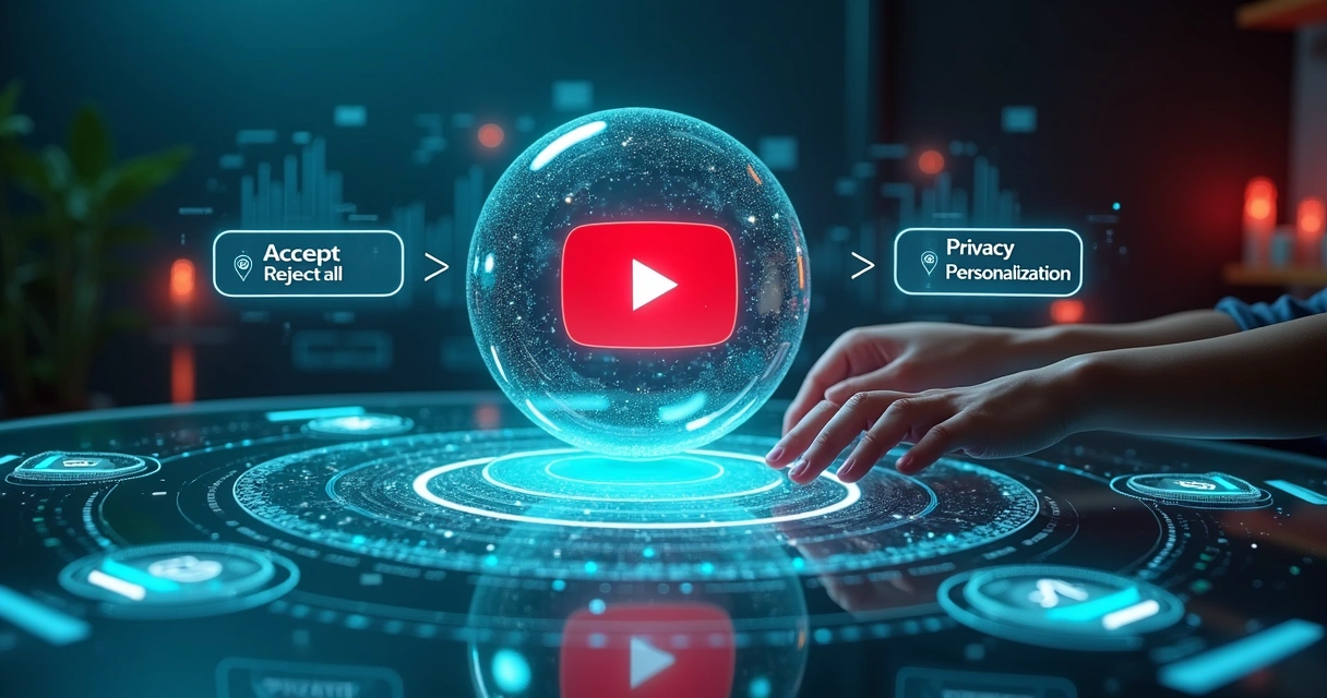 Interface futurista mostrando configurações de cookies e ícone do YouTube em um holograma