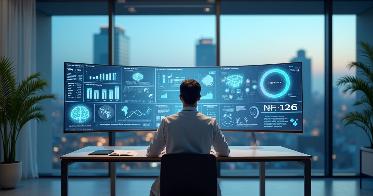 Médico em consultório moderno olhando painel digital com dados de marketing e inteligência artificial