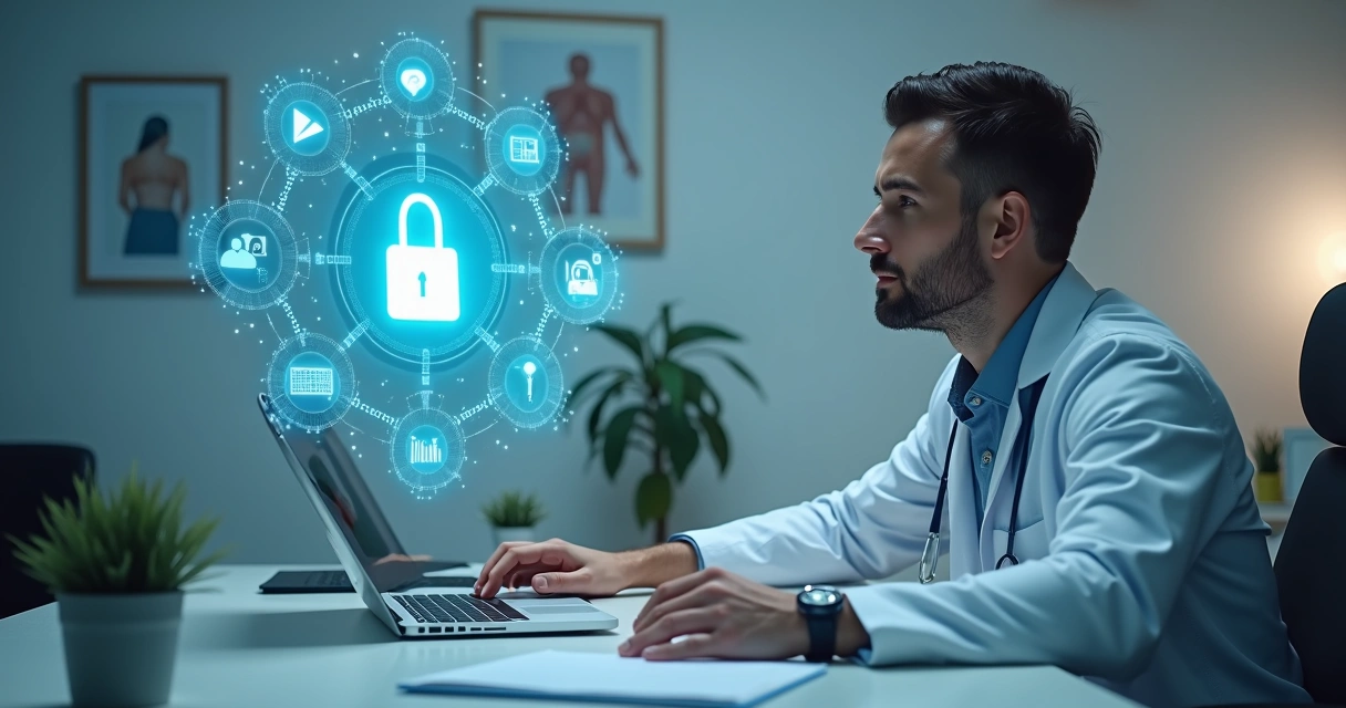 Médico observando cadeado digital rodeado por ícones de dados e cookies