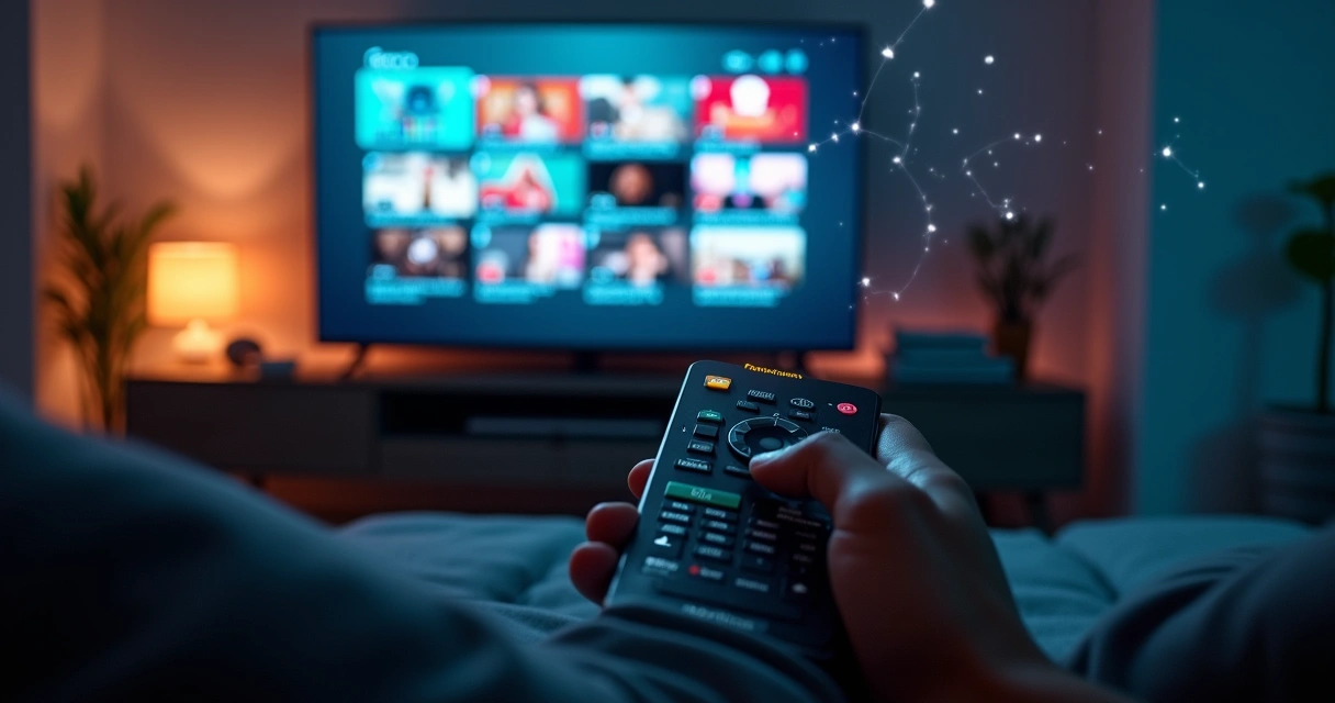 Mão usando botão de privacidade em controle remoto com mosaico de vídeos ao fundo