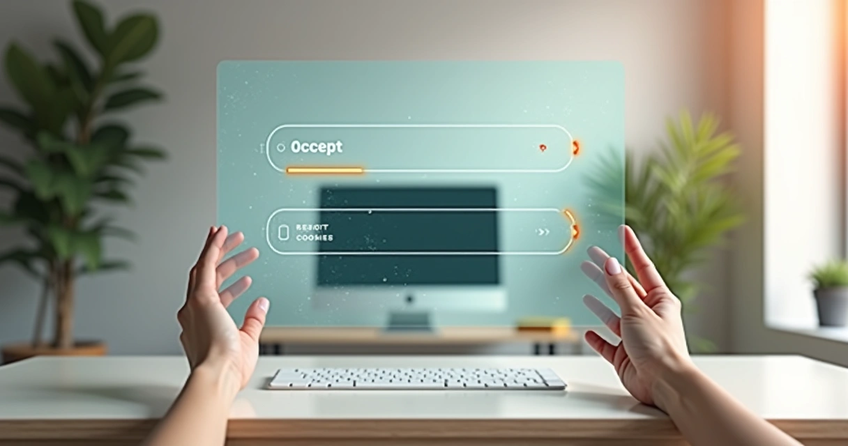 Painel transparente com opções de cookies e dados digitais entre mãos ajustando configurações de privacidade