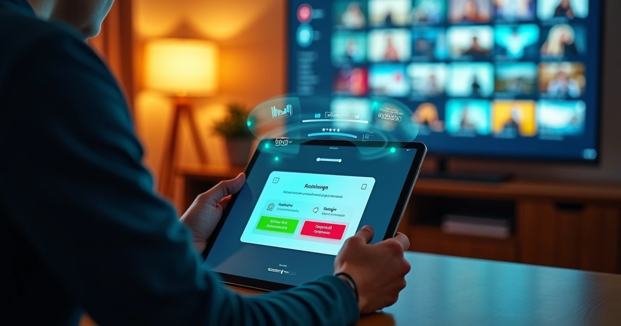 Pessoa configurando opções de cookies e privacidade em tablet com interface de vídeo
