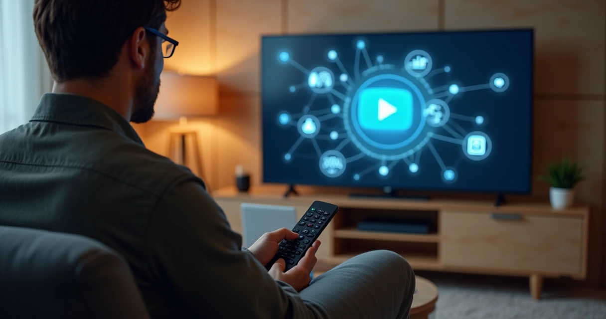 Usuário em sofá segurando controle remoto com símbolo do YouTube cercado por ícones de privacidade e anúncios