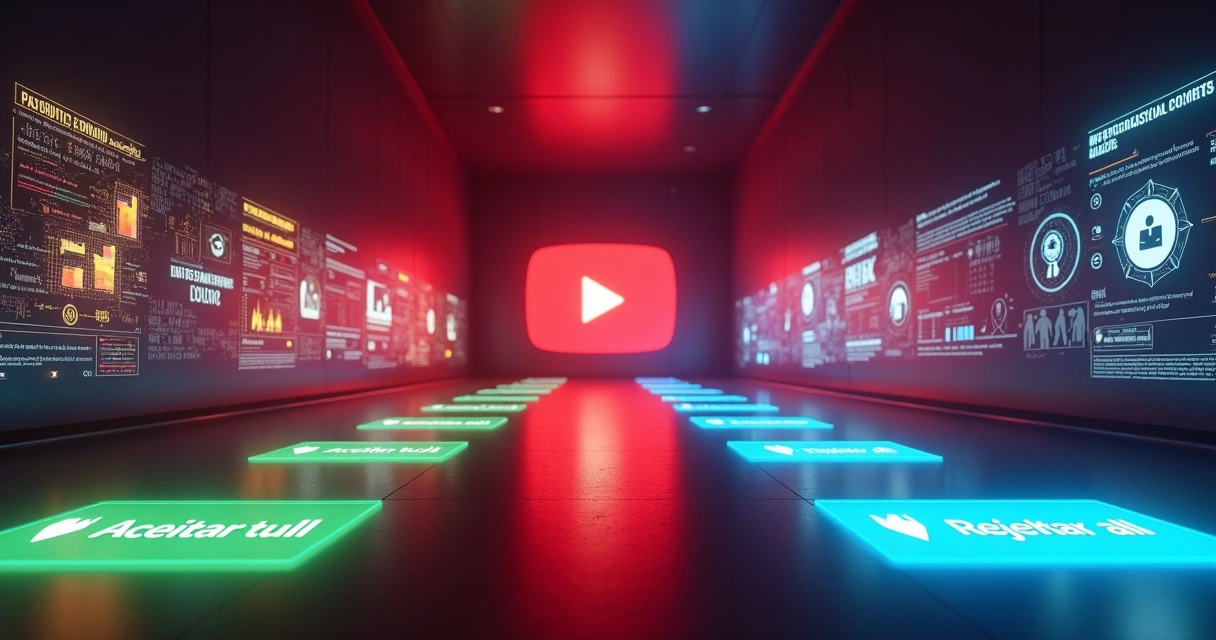 Corredor digital com ícone do YouTube dividido entre anúncios personalizados e simples