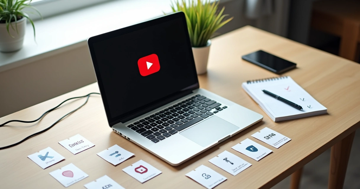 Mesa com laptop mostrando tela de vídeos e fichas ilustrando cookies e dados ao lado