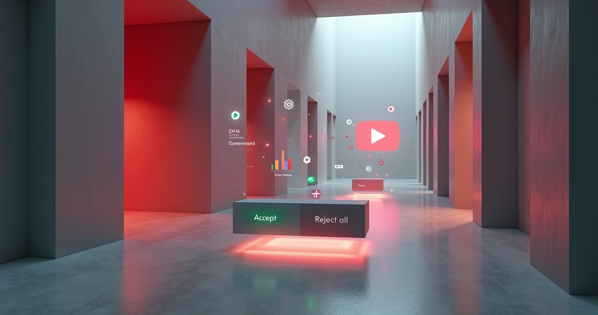 Tela flutuante com opções de cookies do YouTube e dois caminhos de decisão