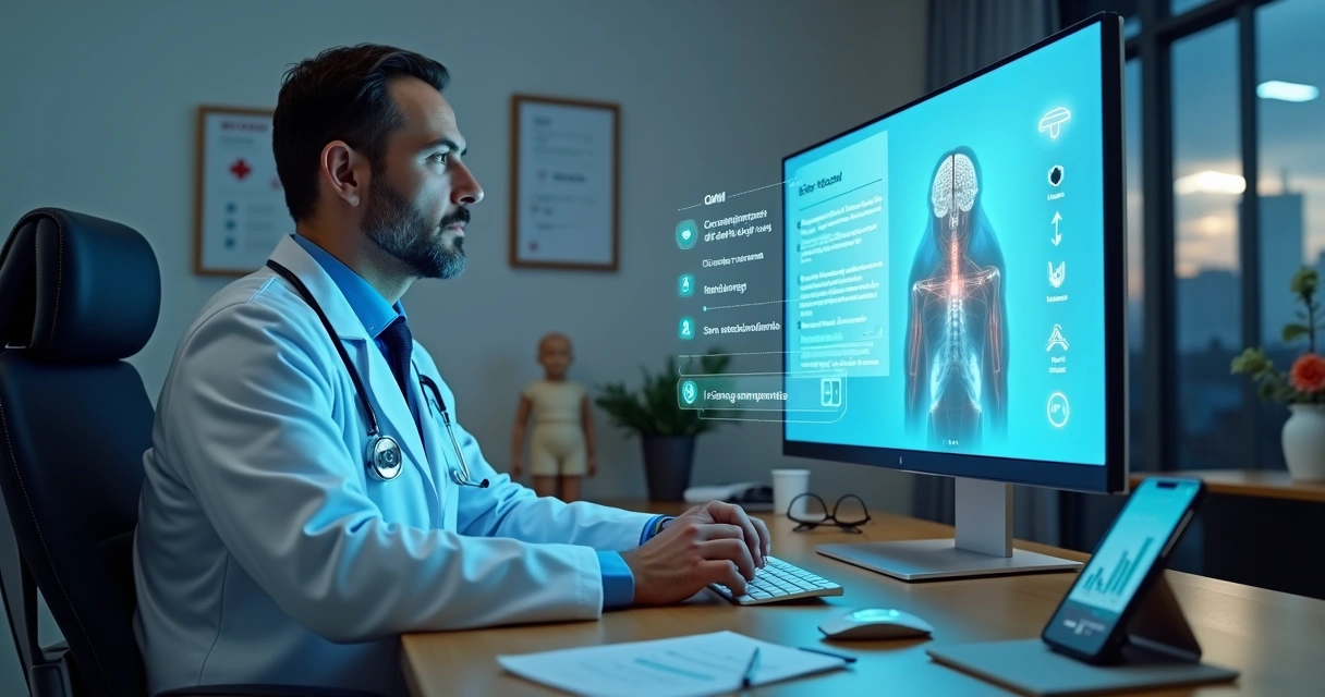 Médico em escritório analisando anúncio em tela com ícones de IA e checklists de conformidade.