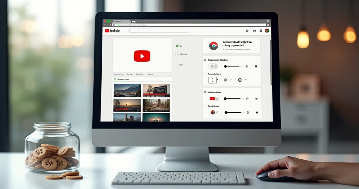 Navegador com ícone do YouTube e controles de cookies e privacidade