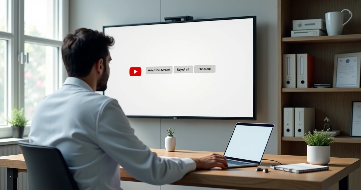 Tela grande com página de consentimento do YouTube vista em um consultório médico