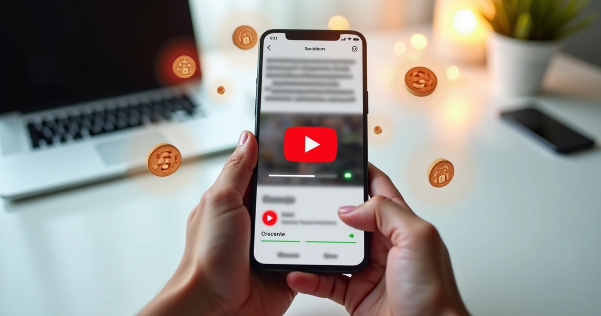 Mão usando smartphone com tela do YouTube cercada por ícones de cookies, cadeados e anúncios