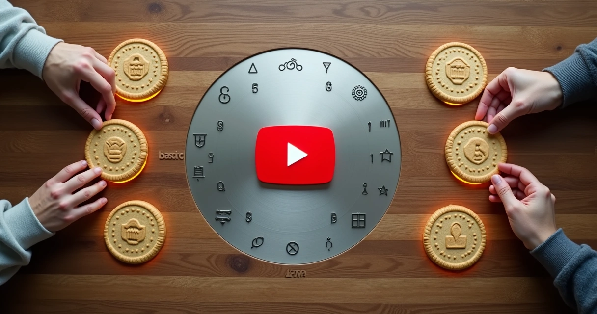 Tabuleiro com peças de cookies e símbolo do YouTube representando escolhas de privacidade